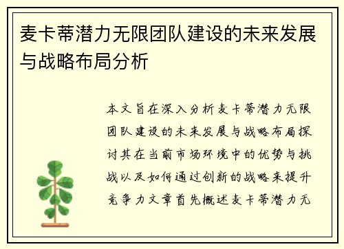 麦卡蒂潜力无限团队建设的未来发展与战略布局分析 麦卡蒂潜力无限团队建设的未来发展与战略布局分析